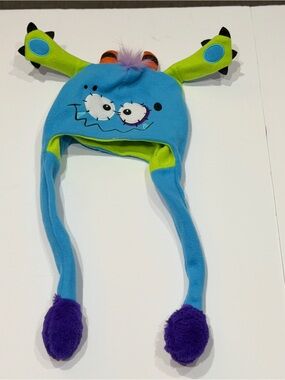Blue & Lime Monster Earflap Hat with Purple Pom Poms
